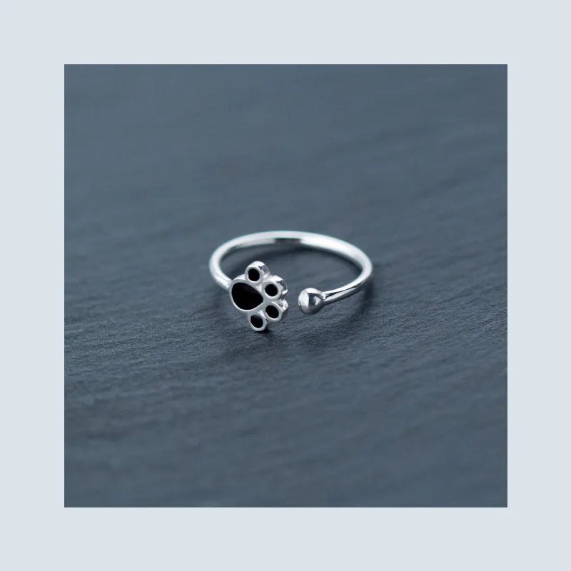Sterling Silver Black Enamel Cat Paw Adjustable Ring For Fashion Women - PeticaDeals