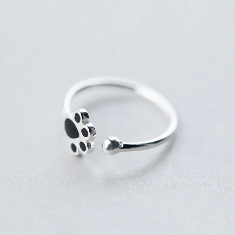 Sterling Silver Black Enamel Cat Paw Adjustable Ring For Fashion Women - PeticaDeals