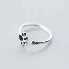 Sterling Silver Black Enamel Cat Paw Adjustable Ring For Fashion Women - PeticaDeals