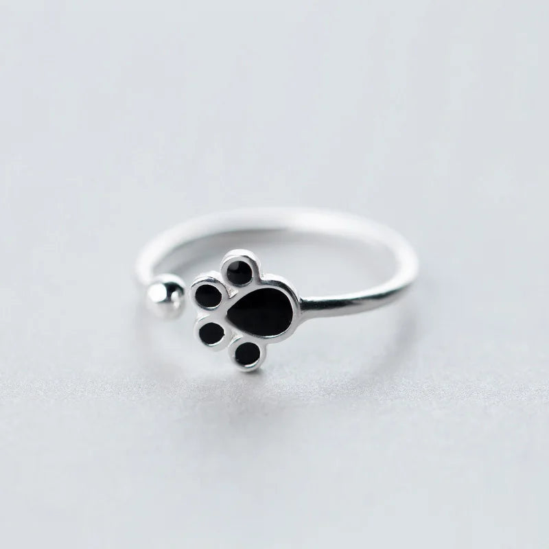 Sterling Silver Black Enamel Cat Paw Adjustable Ring For Fashion Women - PeticaDeals