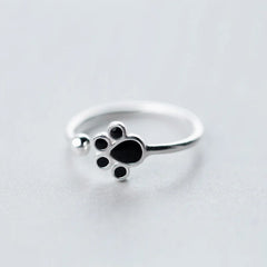 Sterling Silver Black Enamel Cat Paw Adjustable Ring For Fashion Women - PeticaDeals