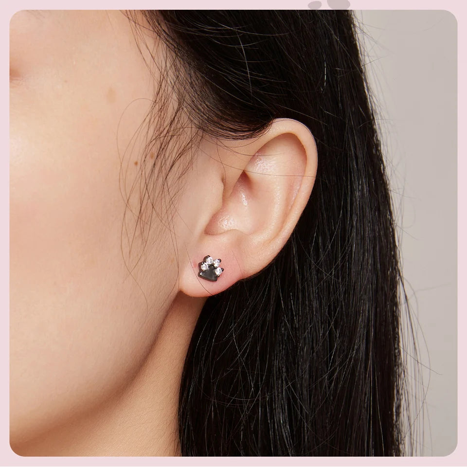 Sterling Silver Black Gold Pet Dog Paw Stud Earrings For Women - PeticaDeals