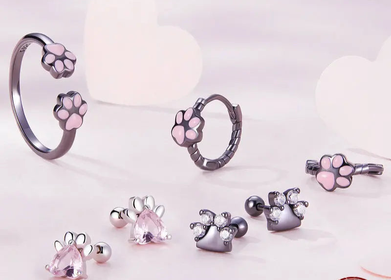 Sterling Silver Black Gold Pet Dog Paw Stud Earrings For Women - PeticaDeals