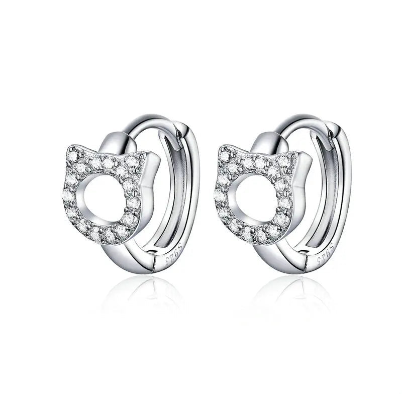 Sterling Silver CZ Ear Stud Little Cute Cat Earring Hoops - PeticaDeals