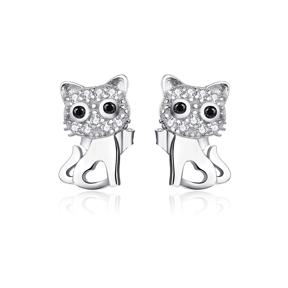 Sterling Silver CZ Ear Stud Little Cute Cat Earring Hoops - PeticaDeals