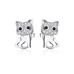 Sterling Silver CZ Ear Stud Little Cute Cat Earring Hoops - PeticaDeals