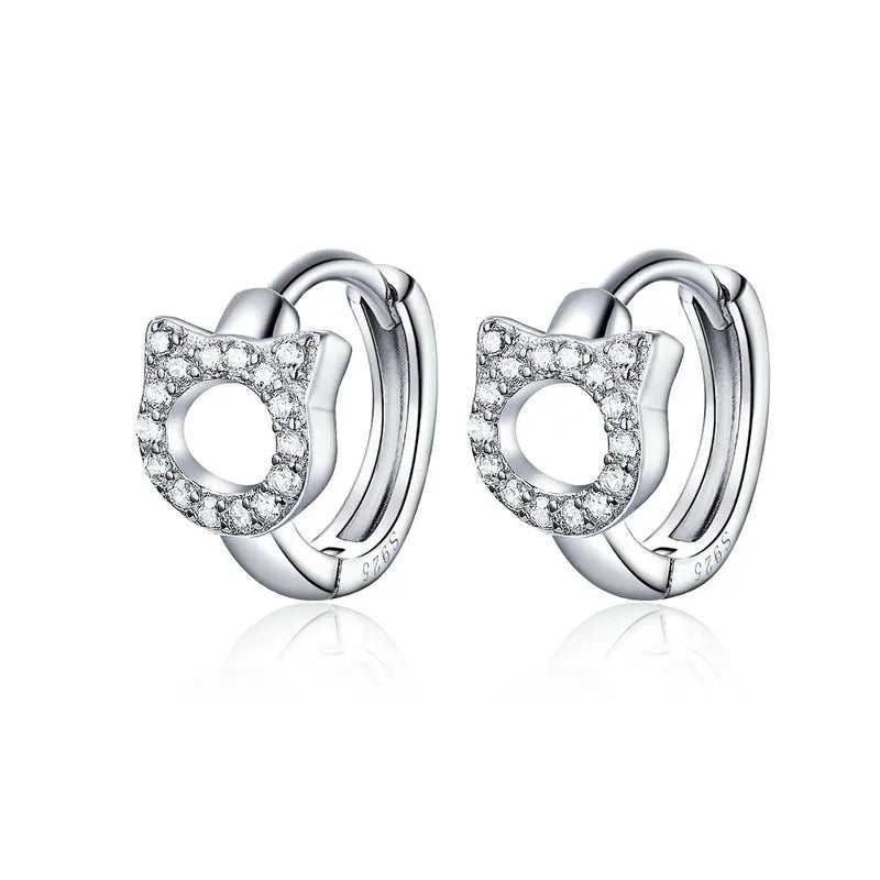 Sterling Silver CZ Ear Stud Little Cute Cat Earring Hoops - PeticaDeals