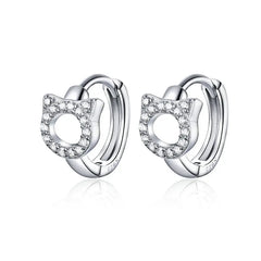 Sterling Silver CZ Ear Stud Little Cute Cat Earring Hoops - PeticaDeals