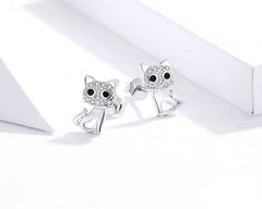 Sterling Silver CZ Ear Stud Little Cute Cat Earring Hoops - PeticaDeals