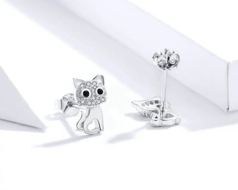 Sterling Silver CZ Ear Stud Little Cute Cat Earring Hoops - PeticaDeals