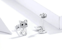 Sterling Silver CZ Ear Stud Little Cute Cat Earring Hoops - PeticaDeals
