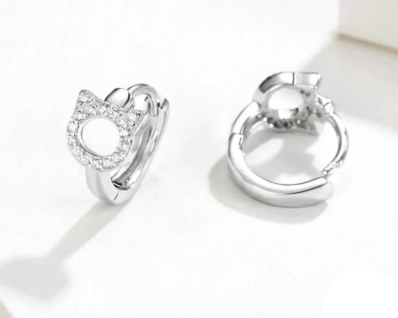 Sterling Silver CZ Ear Stud Little Cute Cat Earring Hoops - PeticaDeals