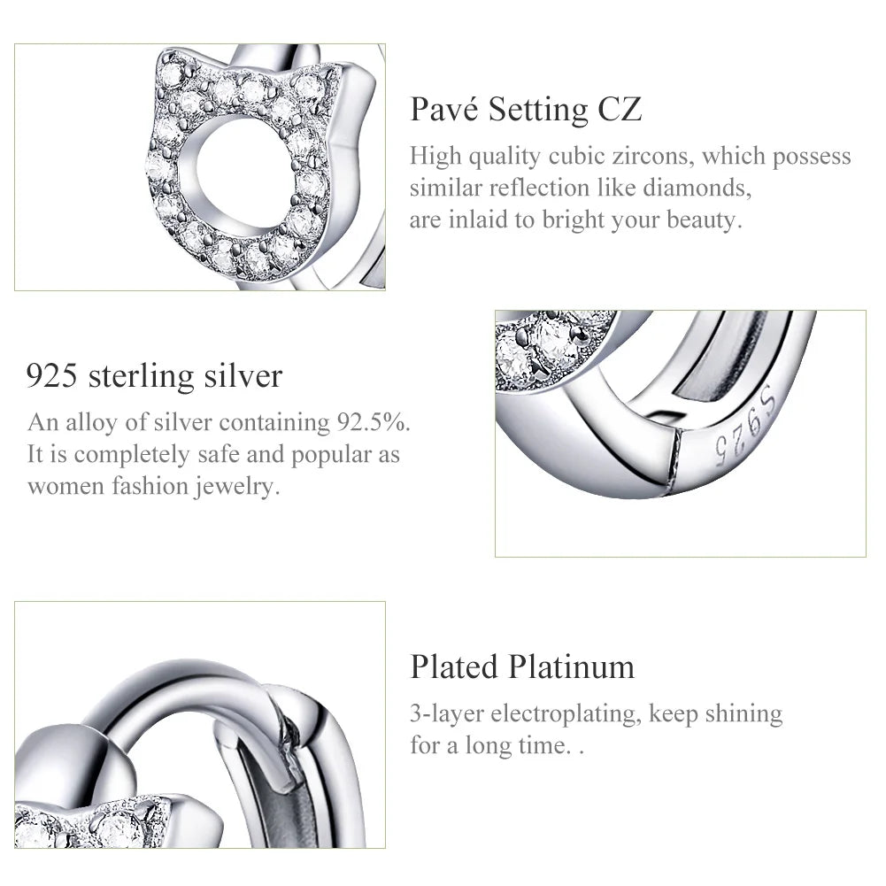 Sterling Silver CZ Ear Stud Little Cute Cat Earring Hoops - PeticaDeals
