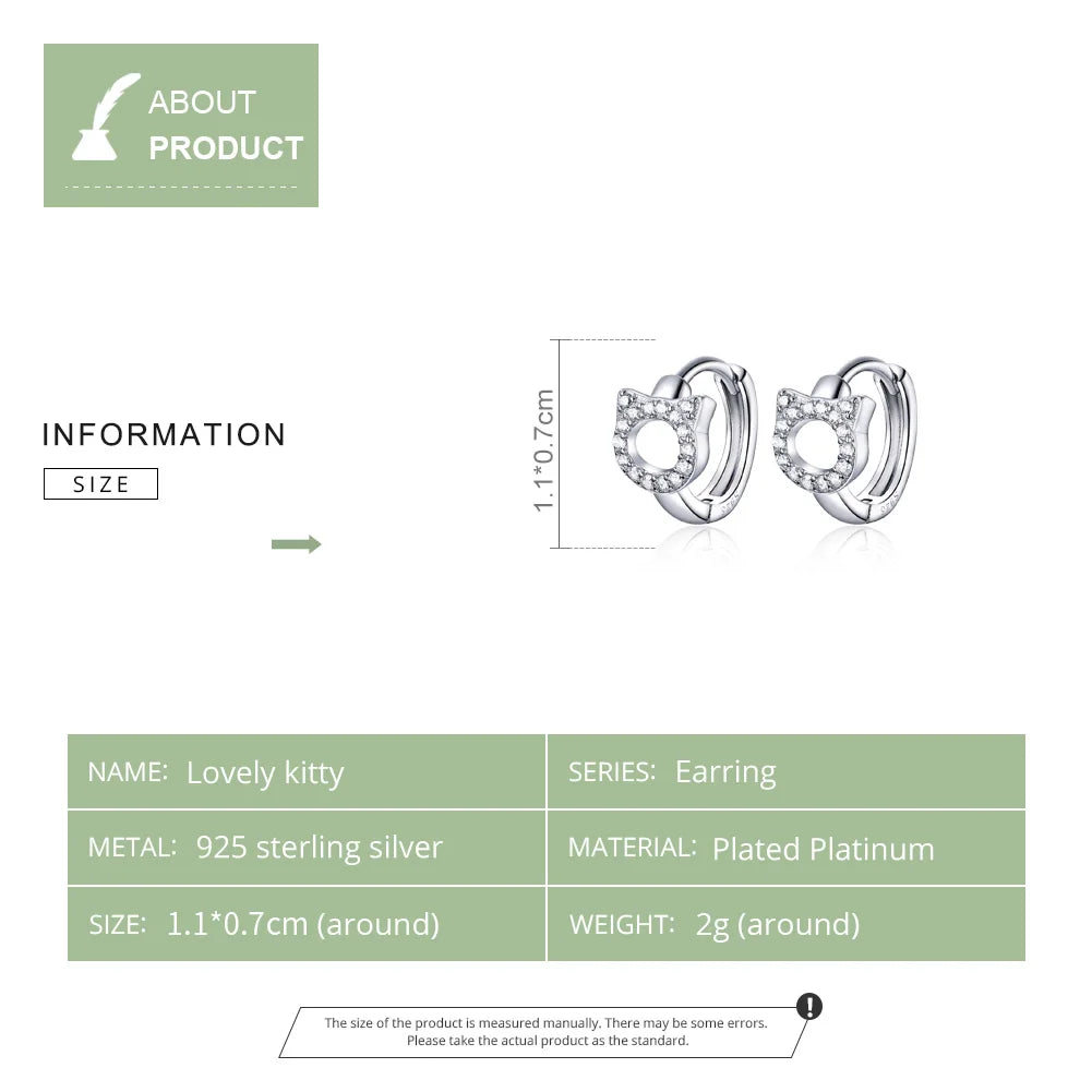 Sterling Silver CZ Ear Stud Little Cute Cat Earring Hoops - PeticaDeals