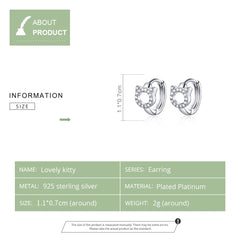 Sterling Silver CZ Ear Stud Little Cute Cat Earring Hoops - PeticaDeals