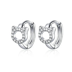 Sterling Silver CZ Ear Stud Little Cute Cat Earring Hoops - PeticaDeals