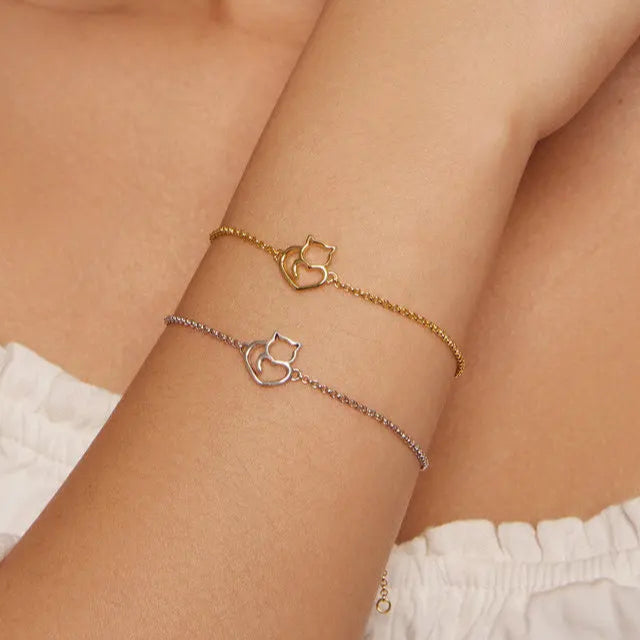 Sterling Silver Cat And Heart Link Chain Bracelets & Bangles for Women Authentic Silver Jewelry - PeticaDeals