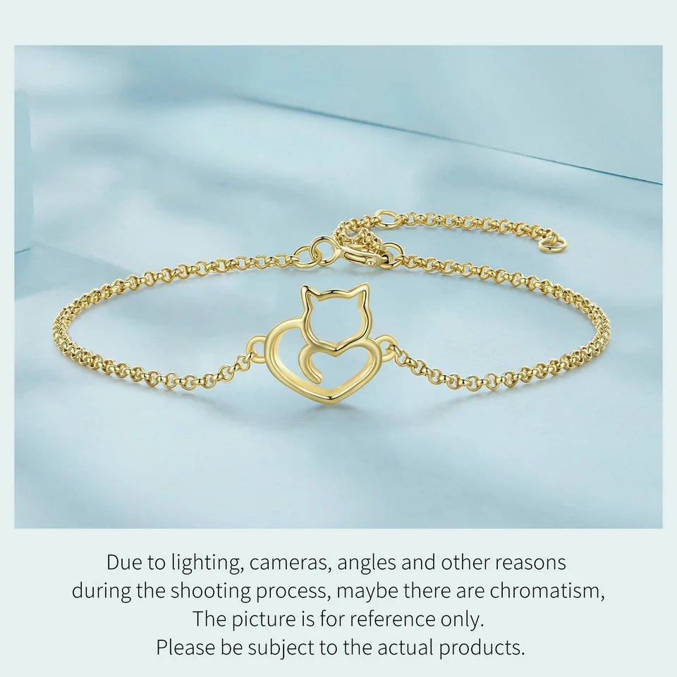 Sterling Silver Cat And Heart Link Chain Bracelets & Bangles for Women Authentic Silver Jewelry - PeticaDeals