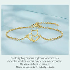 Sterling Silver Cat And Heart Link Chain Bracelets & Bangles for Women Authentic Silver Jewelry - PeticaDeals