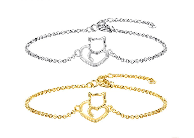 Sterling Silver Cat And Heart Link Chain Bracelets & Bangles for Women Authentic Silver Jewelry - PeticaDeals