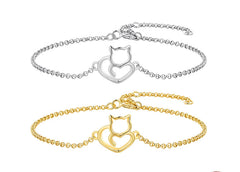 Sterling Silver Cat And Heart Link Chain Bracelets & Bangles for Women Authentic Silver Jewelry - PeticaDeals