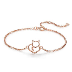 Sterling Silver Cat And Heart Link Chain Bracelets & Bangles for Women Authentic Silver Jewelry - PeticaDeals