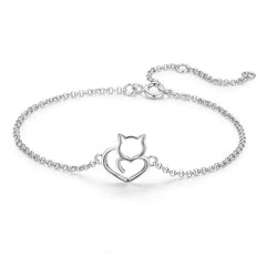 Sterling Silver Cat And Heart Link Chain Bracelets & Bangles for Women Authentic Silver Jewelry - PeticaDeals