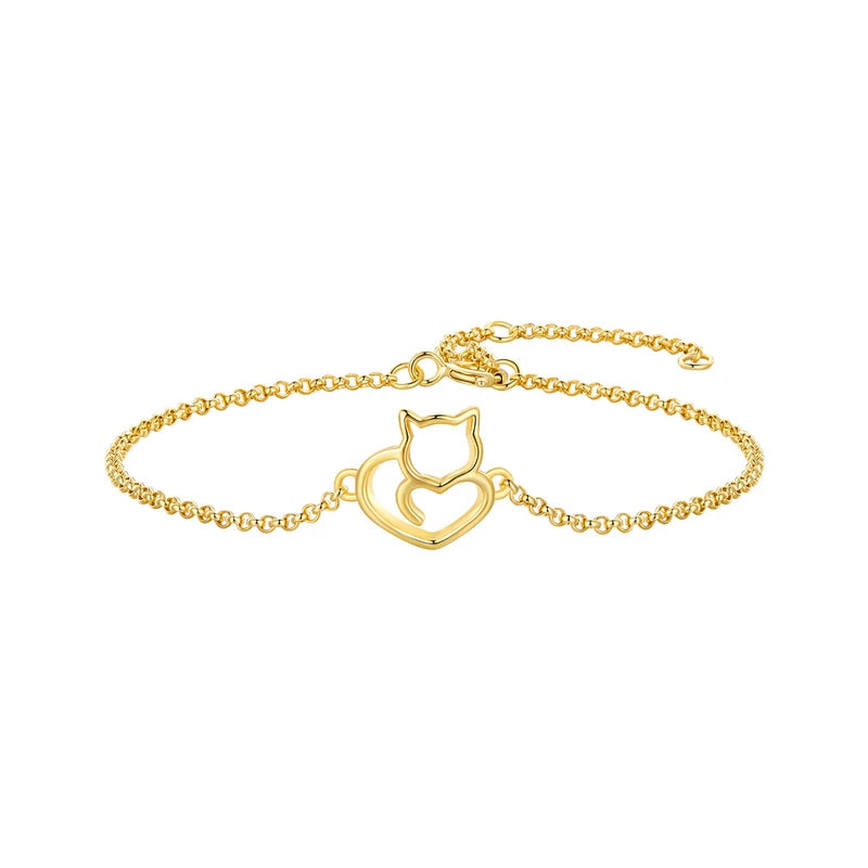 Sterling Silver Cat And Heart Link Chain Bracelets & Bangles for Women Authentic Silver Jewelry - PeticaDeals