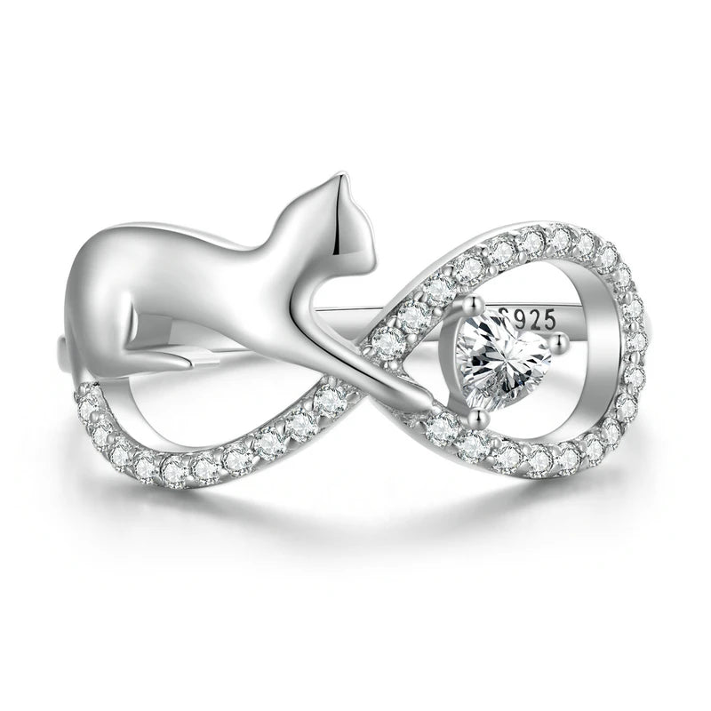 Sterling Silver Cat & Infinite Symbol Ring Heart-shaped Zircon Finger Ring for Women Party Fine Jewelry - PeticaDeals