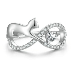 Sterling Silver Cat & Infinite Symbol Ring Heart-shaped Zircon Finger Ring for Women Party Fine Jewelry - PeticaDeals
