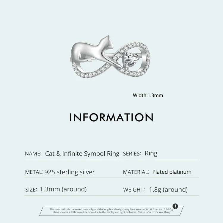 Sterling Silver Cat & Infinite Symbol Ring Heart-shaped Zircon Finger Ring for Women Party Fine Jewelry - PeticaDeals