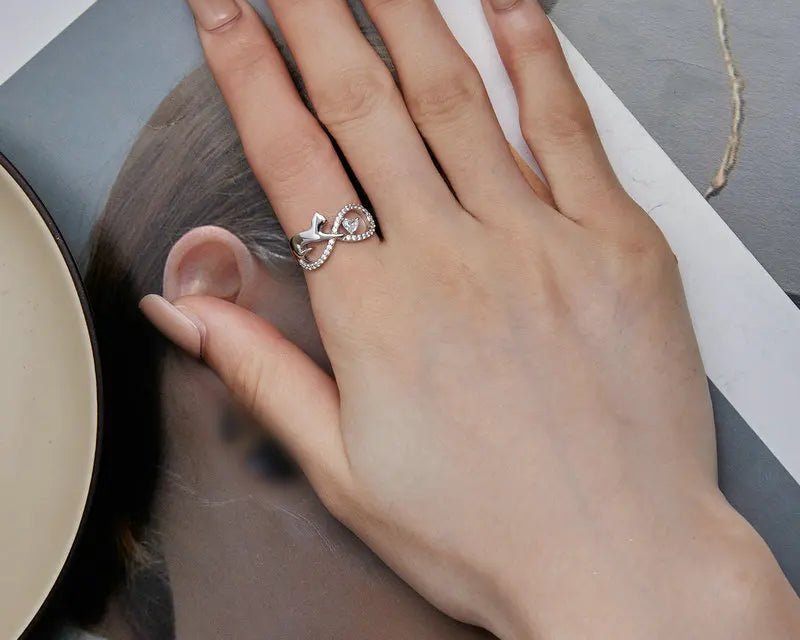 Sterling Silver Cat & Infinite Symbol Ring Heart-shaped Zircon Finger Ring for Women Party Fine Jewelry - PeticaDeals