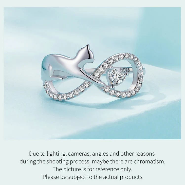 Sterling Silver Cat & Infinite Symbol Ring Heart-shaped Zircon Finger Ring for Women Party Fine Jewelry - PeticaDeals