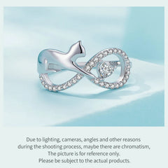 Sterling Silver Cat & Infinite Symbol Ring Heart-shaped Zircon Finger Ring for Women Party Fine Jewelry - PeticaDeals