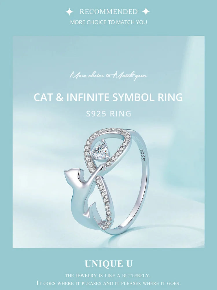 Sterling Silver Cat & Infinite Symbol Ring Heart-shaped Zircon Finger Ring for Women Party Fine Jewelry - PeticaDeals