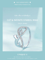 Sterling Silver Cat & Infinite Symbol Ring Heart-shaped Zircon Finger Ring for Women Party Fine Jewelry - PeticaDeals