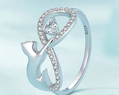 Sterling Silver Cat & Infinite Symbol Ring Heart-shaped Zircon Finger Ring for Women Party Fine Jewelry - PeticaDeals