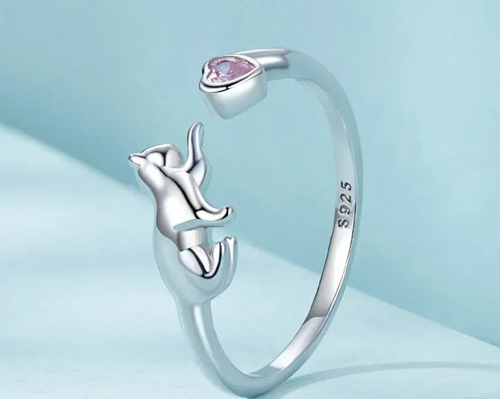 Sterling Silver Cat Open Ring With Pink Zircon Adjustable Kitty - PeticaDeals