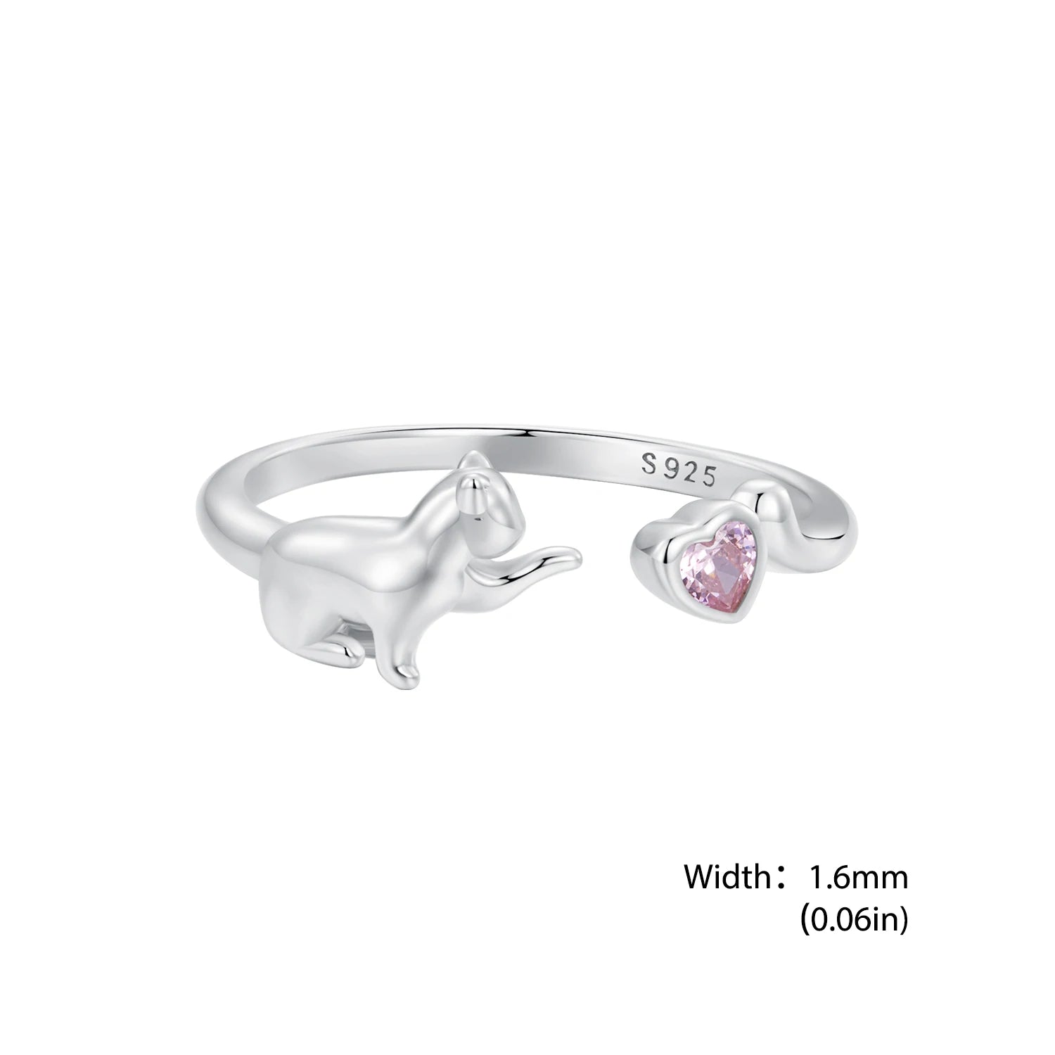 Sterling Silver Cat Open Ring With Pink Zircon Adjustable Kitty - PeticaDeals