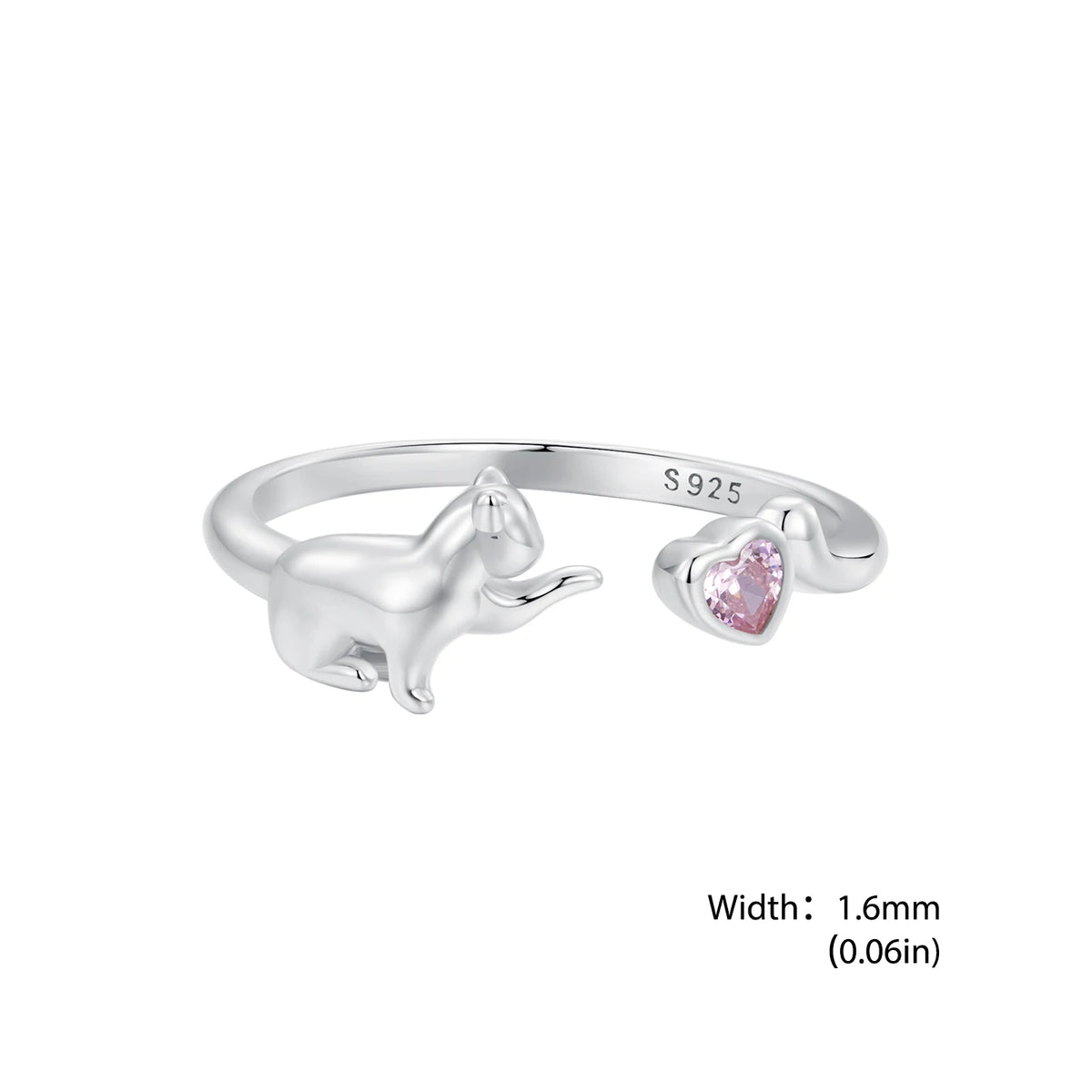 Sterling Silver Cat Open Ring With Pink Zircon Adjustable Kitty - PeticaDeals