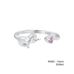 Sterling Silver Cat Open Ring With Pink Zircon Adjustable Kitty - PeticaDeals