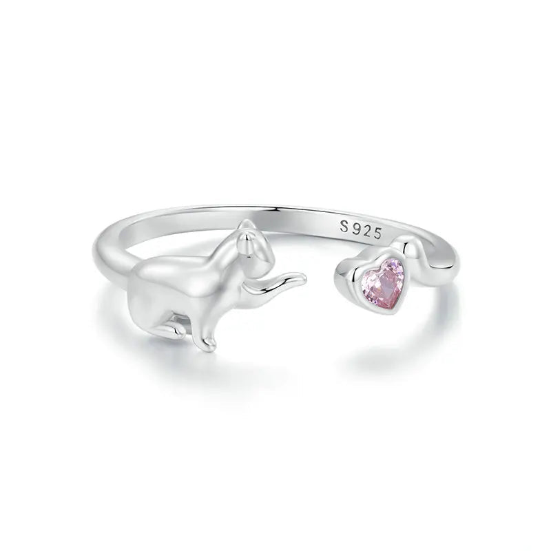 Sterling Silver Cat Open Ring With Pink Zircon Adjustable Kitty - PeticaDeals