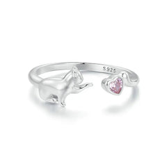 Sterling Silver Cat Open Ring With Pink Zircon Adjustable Kitty - PeticaDeals