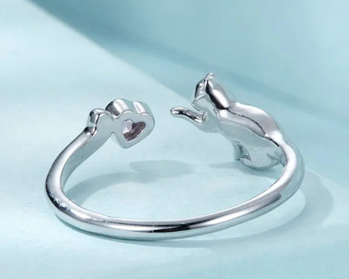 Sterling Silver Cat Open Ring With Pink Zircon Adjustable Kitty - PeticaDeals