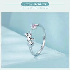 Sterling Silver Cat Open Ring With Pink Zircon Adjustable Kitty - PeticaDeals