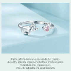 Sterling Silver Cat Open Ring With Pink Zircon Adjustable Kitty - PeticaDeals