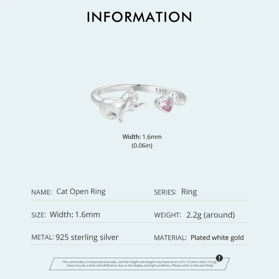 Sterling Silver Cat Open Ring With Pink Zircon Adjustable Kitty - PeticaDeals