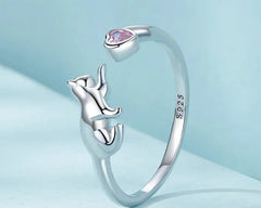 Sterling Silver Cat Open Ring With Pink Zircon Adjustable Kitty - PeticaDeals