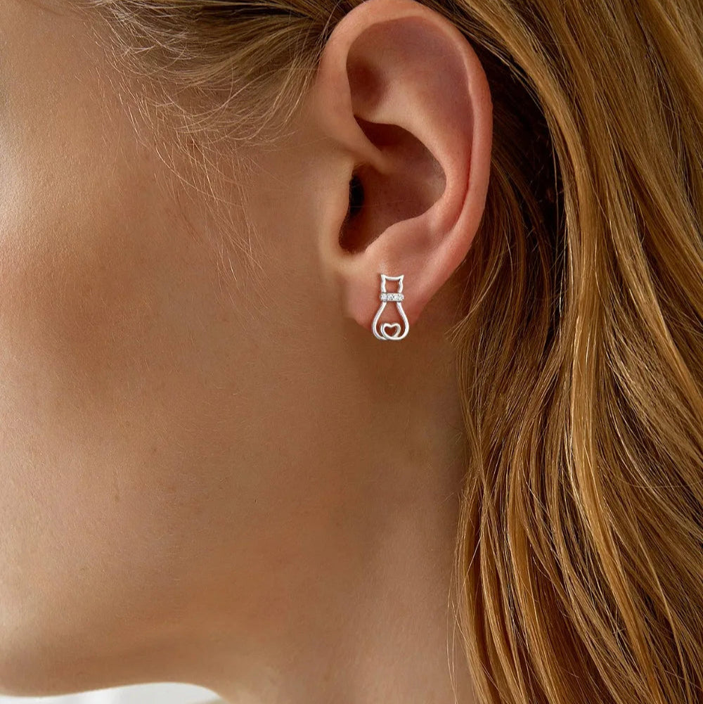 Sterling Silver Cat Stud Earrings For Women Dainty CZ Brincos Earrings - PeticaDeals