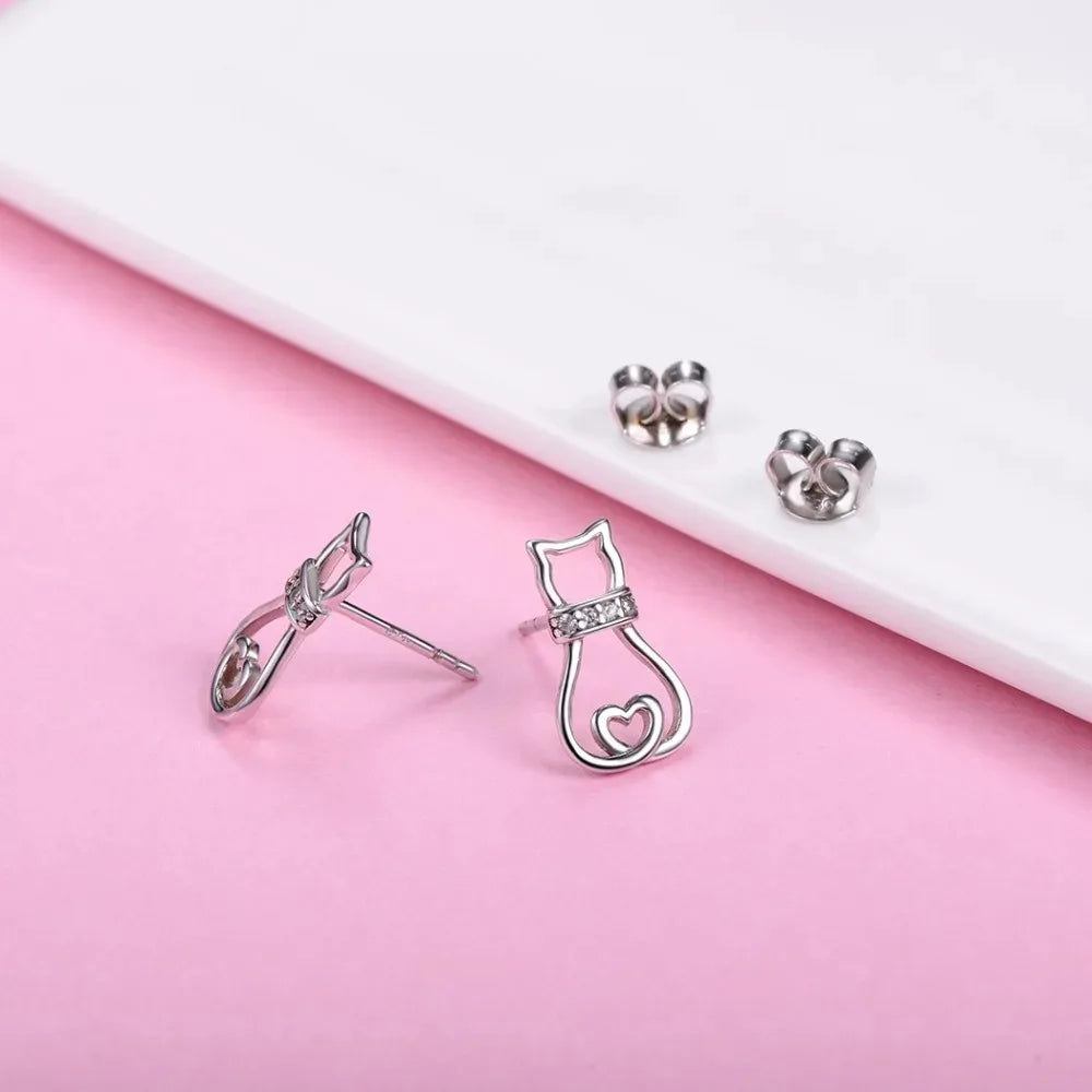 Sterling Silver Cat Stud Earrings For Women Dainty CZ Brincos Earrings - PeticaDeals